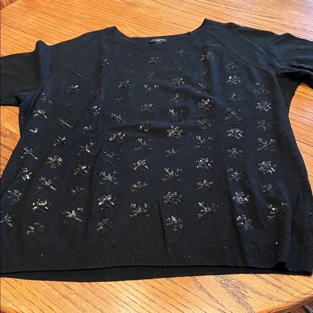 Talbots Black Crew Neck Sweater with sequin snowflakes!